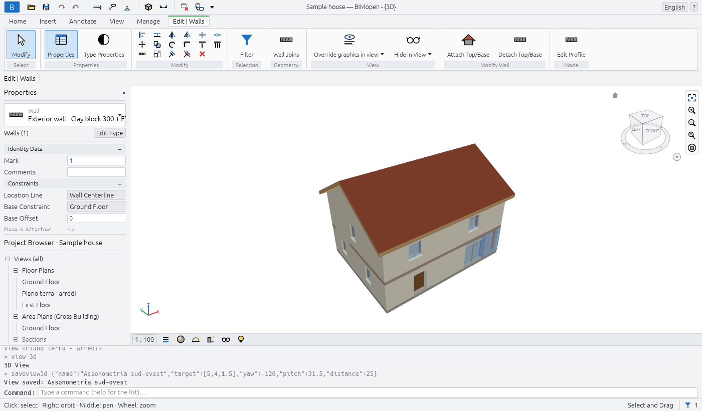 A wall selected: the contextual tab Edit | Walls and its properties